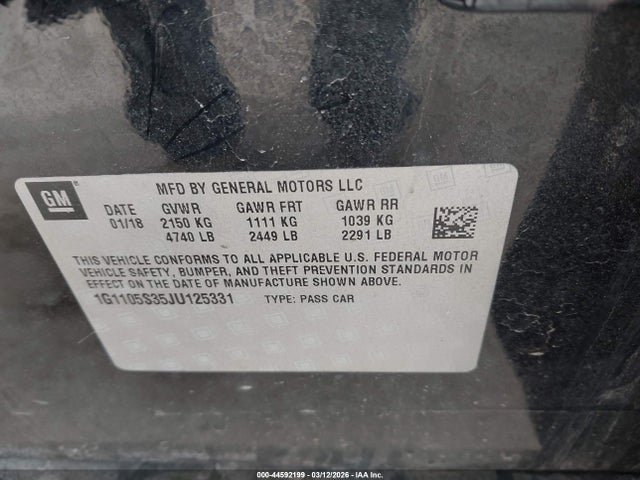 Aukcja sprzedaży 2018 Chevrolet Impala 1lt, vin: 1G1105S35JU125331, numer aukcji: 44592199