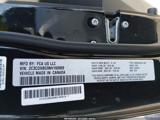 44592200 :رقم المزاد ، 2C3CDXBG9NH168909 vin ، 2022 Dodge Charger Sxt Rwd مزاد بيع