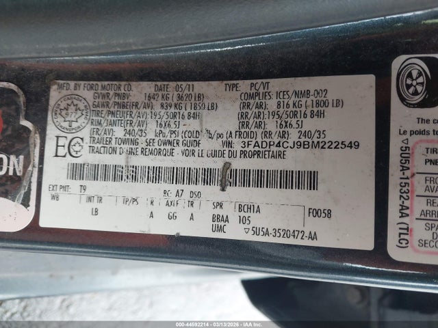 Aukcja sprzedaży 2011 Ford Fiesta Sel, vin: 3FADP4CJ9BM222549, numer aukcji: 44592214