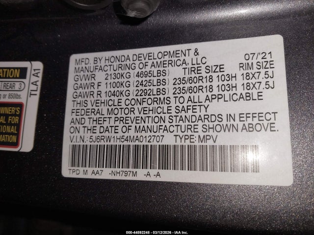 Продажа на аукционе авто 2021 Honda Cr-v 2wd Ex, vin: 5J6RW1H54MA012707, номер лота: 44592248