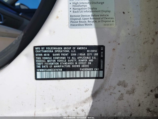Aukcja sprzedaży 2014 Volkswagen Passat 1.8t Se, vin: 1VWBS7A36EC078788, numer aukcji: 44592256