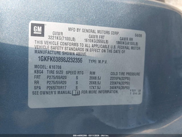 Продаж на аукціоні авто 2008 Gmc Yukon Denali, vin: 1GKFK63898J232356, номер лоту: 44592266