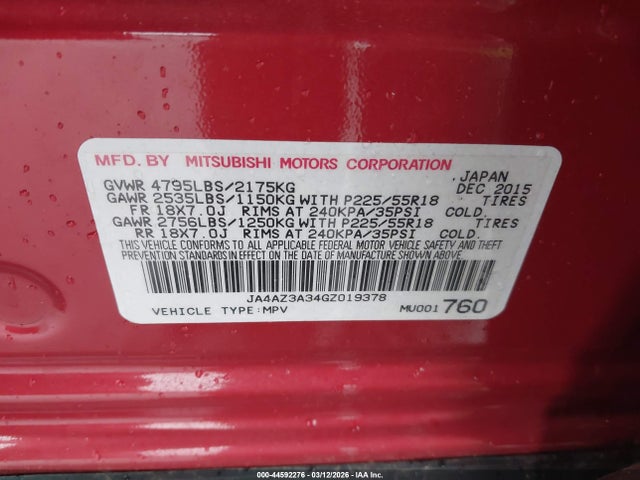 Mitsubishi Outlander Es 2016 JA4AZ3A34GZ019378 Image 9