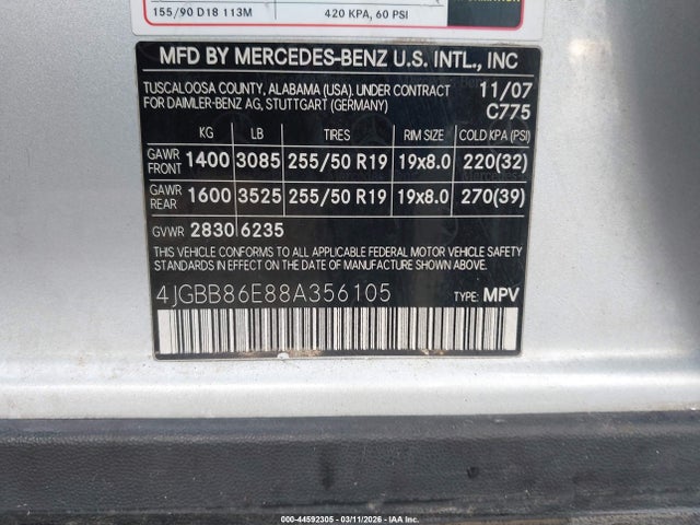 Продажа на аукционе авто 2008 Mercedes-benz Ml 350 4matic, vin: 4JGBB86E88A356105, номер лота: 44592305