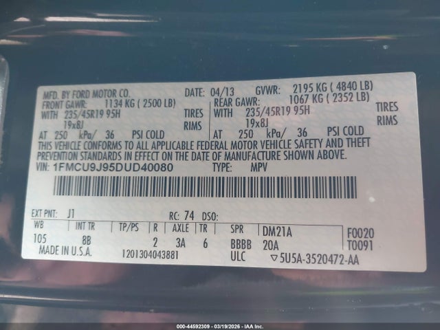 2013 Ford Escape Titanium მანქანა იყიდება აუქციონზე, vin: 1FMCU9J95DUD40080, აუქციონის ნომერი: 44592309