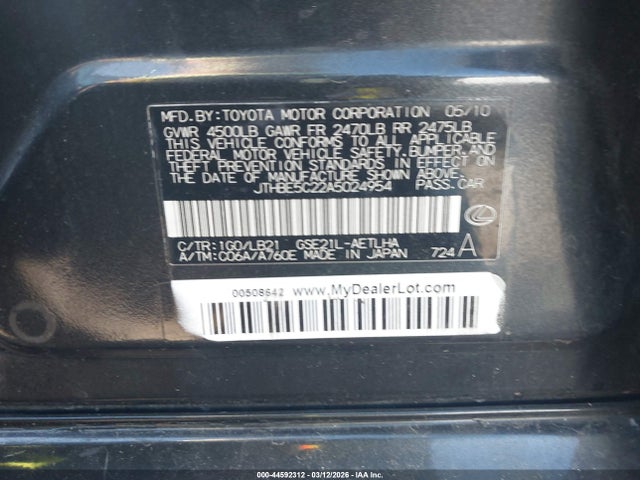 44592312 :رقم المزاد ، JTHBE5C22A5024954 vin ، 2010 Lexus Is 350 مزاد بيع