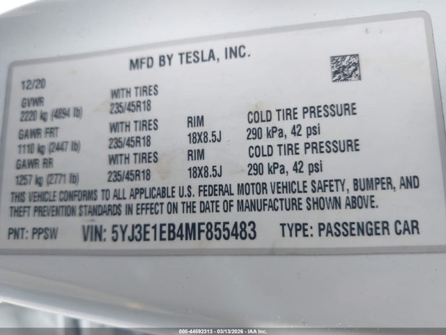 44592313 :رقم المزاد ، 5YJ3E1EB4MF855483 vin ، 2021 Tesla Model 3 Long Range Dual Motor All-wheel Drive مزاد بيع