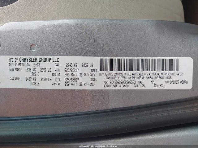 44592321 :رقم المزاد ، 2C4RDGCG0ER202573 vin ، 2014 Dodge Grand Caravan Sxt مزاد بيع