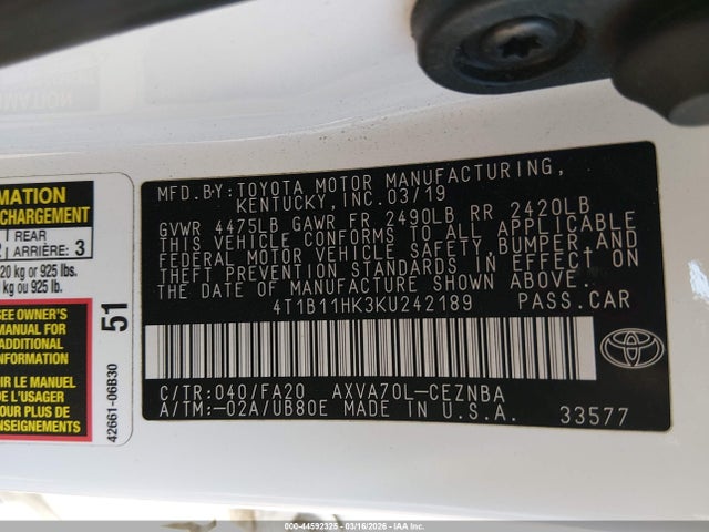 4T1B11HK3KU242189 Toyota CAMRY LE