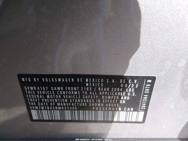 44592333 :رقم المزاد ، 3VW7M7BU2NM033305 vin ، 2022 Volkswagen Jetta 1.5t Se مزاد بيع
