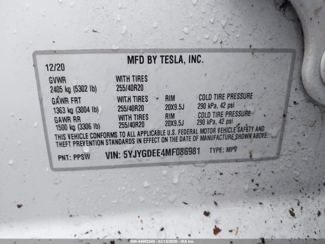 Aukcja sprzedaży 2021 Tesla Model Y Long Range Dual Motor All-wheel Drive, vin: 5YJYGDEE4MF086981, numer aukcji: 44592348