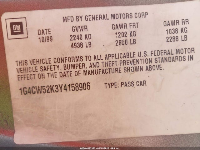 Aukcja sprzedaży 2000 Buick Park Avenue, vin: 1G4CW52K3Y4158906, numer aukcji: 44592350