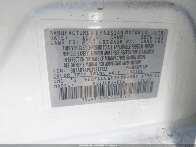 3N1AB7AP0JY213723 Nissan SENTRA S