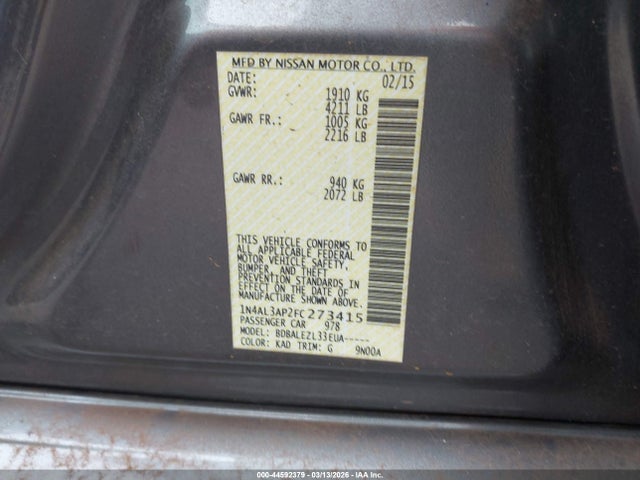 1N4AL3AP2FC273415 Nissan Altima 2.5/2.5 S/2.5 Sl/2.5 Sv