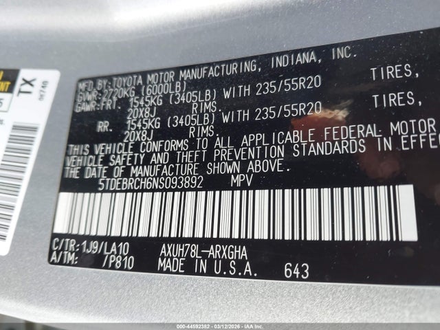 Aukcja sprzedaży 2022 Toyota Highlander Hybrid Platinum, vin: 5TDEBRCH6NS093892, numer aukcji: 44592382