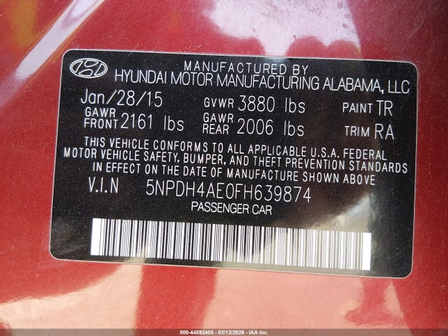 5NPDH4AE0FH639874 Hyundai ELANTRA SE
