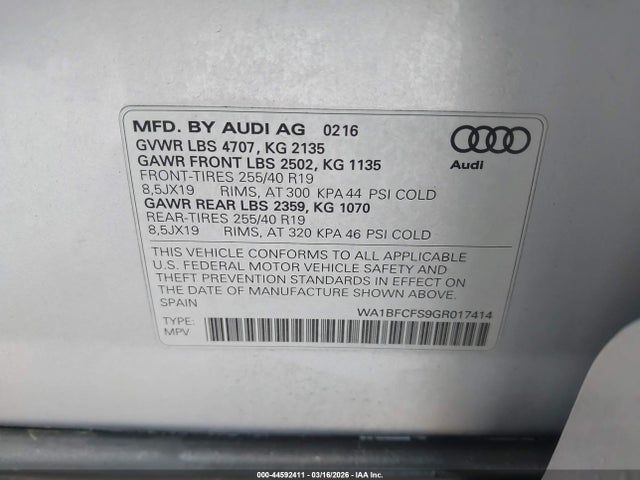 44592411 :رقم المزاد ، WA1BFCFS9GR017414 vin ، 2016 Audi Q3 2.0t Premium Plus مزاد بيع
