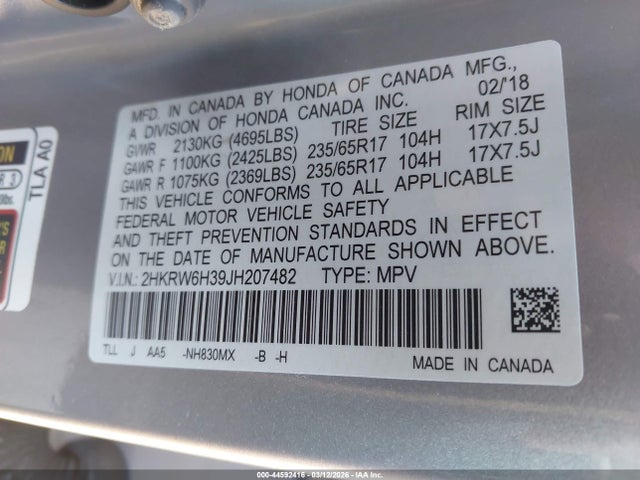 2HKRW6H39JH207482 Honda CR-V LX