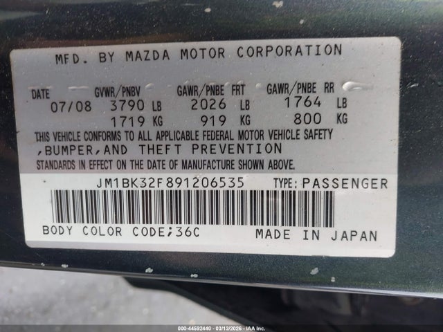 44592440 :رقم المزاد ، JM1BK32F891206535 vin ، 2009 Mazda Mazda3 I مزاد بيع