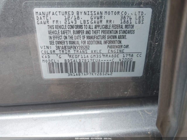 Aukcja sprzedaży 2019 Nissan Sentra Sv, vin: 3N1AB7AP7KY285262, numer aukcji: 44592448
