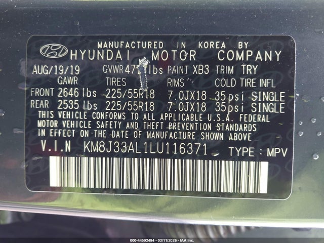 KM8J33AL1LU116371 Hyundai TUCSON SEL