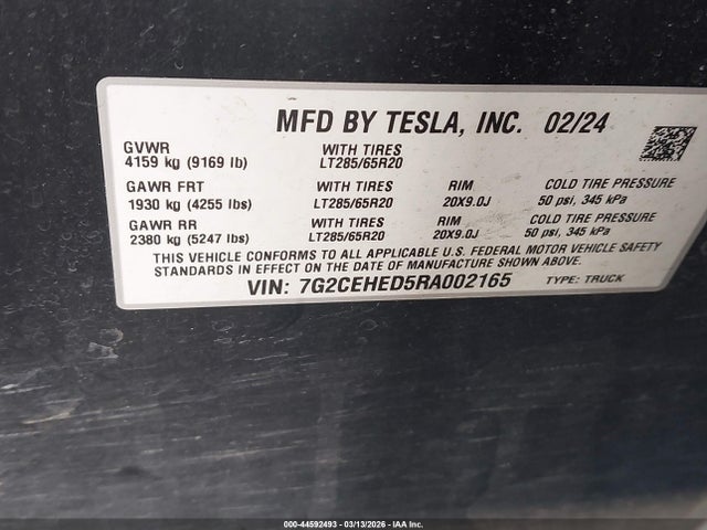 44592493 :رقم المزاد ، 7G2CEHED5RA002165 vin ، 2024 Tesla Cybertruck All-wheel Drive مزاد بيع