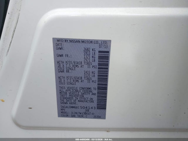 44592498 :رقم المزاد ، 5N1AL0MM6EC504143 vin ، 2014 Infiniti Qx60 مزاد بيع