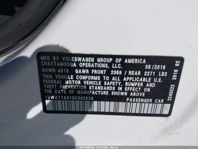 44592524 :رقم المزاد ، 1VWAT7A31GC062526 vin ، 2016 Volkswagen Passat 1.8t S مزاد بيع