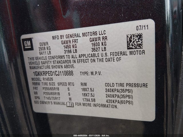 Aukcja sprzedaży 2012 Gmc Acadia Sle, vin: 1GKKRPED1CJ110688, numer aukcji: 44592554