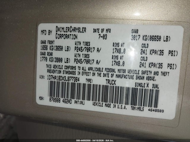 2003 Dodge Ram 1500 Slt/laramie/st მანქანა იყიდება აუქციონზე, vin: 1D7HA18DX3J677364, აუქციონის ნომერი: 44592558