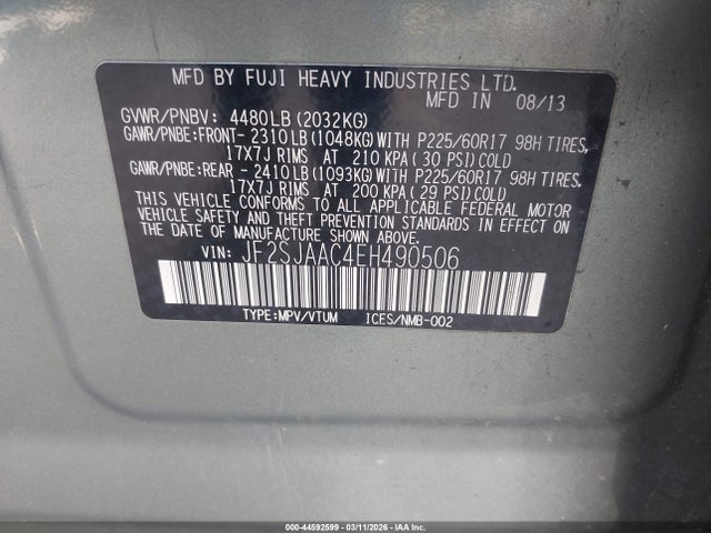 2014 Subaru Forester 2.5i მანქანა იყიდება აუქციონზე, vin: JF2SJAAC4EH490506, აუქციონის ნომერი: 44592599