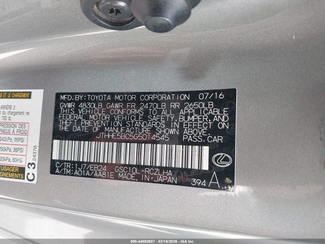 44592607 :رقم المزاد ، JTHHE5BC5G5014545 vin ، 2016 Lexus Rc 350 مزاد بيع