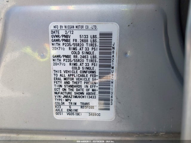 44592611 :رقم المزاد ، JN8AZ1MU9CW113433 vin ، 2012 Nissan Murano Le مزاد بيع