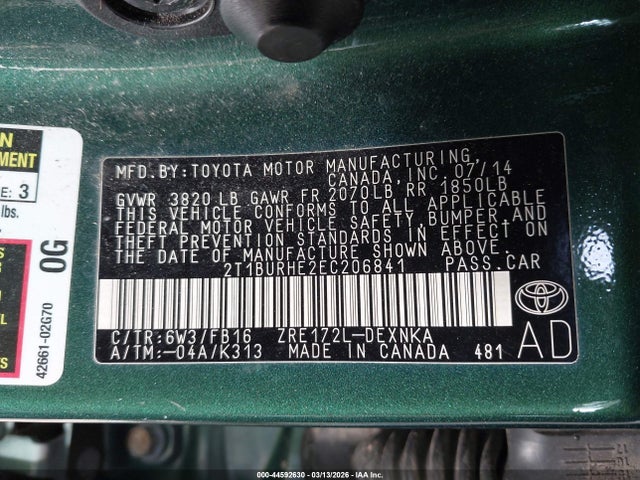 44592630 :رقم المزاد ، 2T1BURHE2EC206841 vin ، 2014 Toyota Corolla Le مزاد بيع