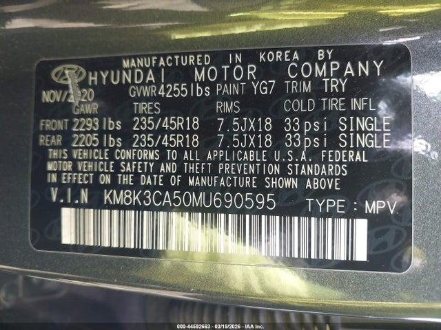 Aukcja sprzedaży 2021 Hyundai Kona Limited, vin: KM8K3CA50MU690595, numer aukcji: 44592663