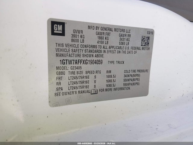 Auction sale of the 2016 Gmc Savana 2500 Work Van, vin: 1GTW7AFFXG1904059, lot number: 44592668