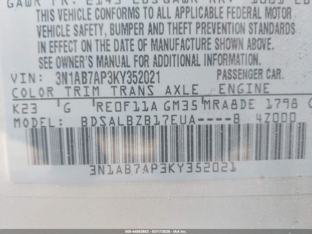 44592683 :رقم المزاد ، 3N1AB7AP3KY352021 vin ، 2019 Nissan Sentra S مزاد بيع