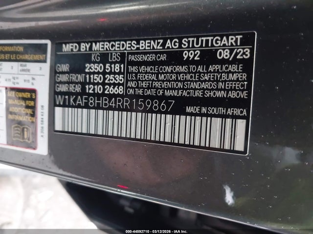 Aukcja sprzedaży 2024 Mercedes-benz Amg C 43 4matic, vin: W1KAF8HB4RR159867, numer aukcji: 44592710