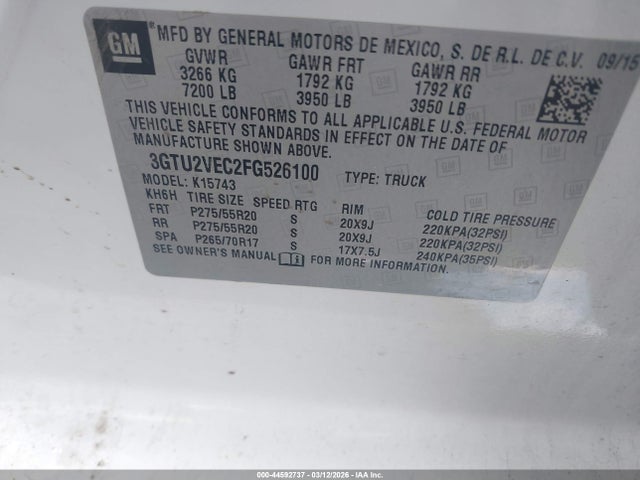 Aukcja sprzedaży 2015 Gmc Sierra 1500 Slt, vin: 3GTU2VEC2FG526100, numer aukcji: 44592737