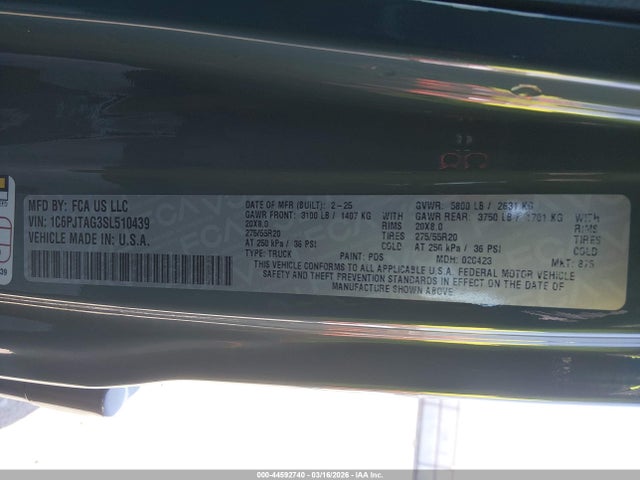 Продажа на аукционе авто 2025 Jeep Gladiator Nighthawk, vin: 1C6PJTAG3SL510439, номер лота: 44592740