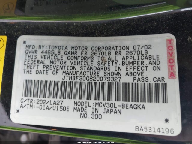 Продажа на аукционе авто 2002 Lexus Es 300, vin: JTHBF30G820079327, номер лота: 44592750