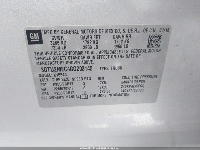 44592763 :رقم المزاد ، 3GTU2MEC4GG203145 vin ، 2016 Gmc Sierra 1500 Sle مزاد بيع