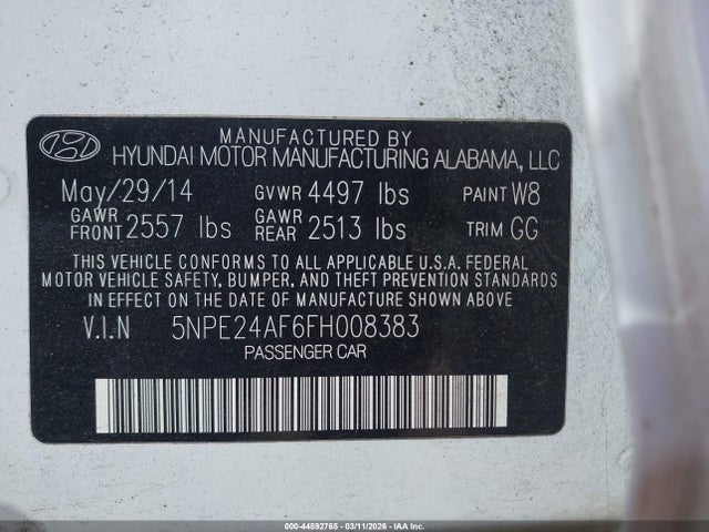 Aukcja sprzedaży 2015 Hyundai Sonata Se, vin: 5NPE24AF6FH008383, numer aukcji: 44592765