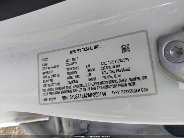 Aukcja sprzedaży 2021 Tesla Model 3 Standard Range Plus Rear-wheel Drive, vin: 5YJ3E1EA2MF850144, numer aukcji: 44592777