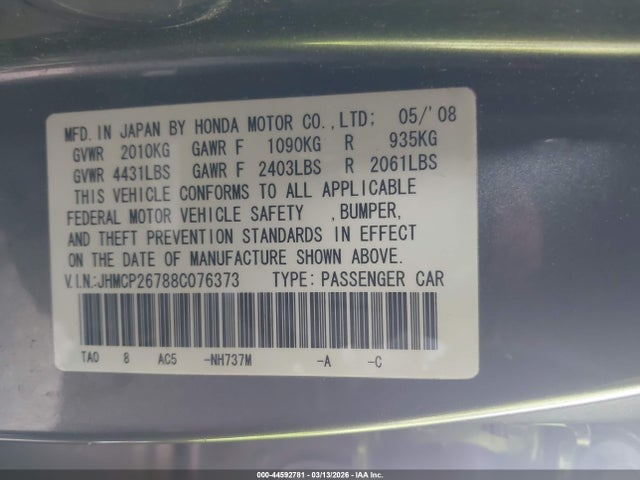 Aukcja sprzedaży 2008 Honda Accord 2.4 Ex, vin: JHMCP26788C076373, numer aukcji: 44592781