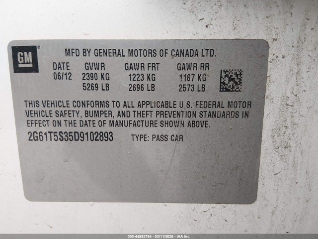 44592794 :رقم المزاد ، 2G61T5S35D9102893 vin ، 2013 Cadillac Xts Premium مزاد بيع