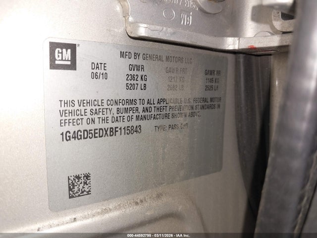 44592795 :رقم المزاد ، 1G4GD5EDXBF115843 vin ، 2011 Buick Lacrosse Cxl مزاد بيع