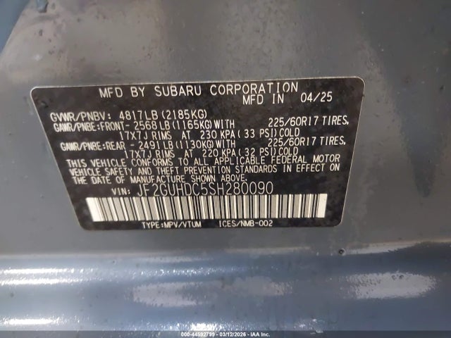 Aukcja sprzedaży 2025 Subaru Crosstrek Premium, vin: JF2GUHDC5SH280090, numer aukcji: 44592799