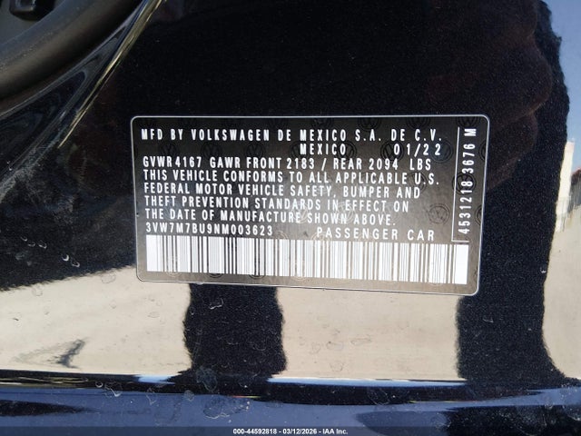2022 Volkswagen Jetta 1.5t Se მანქანა იყიდება აუქციონზე, vin: 3VW7M7BU9NM003623, აუქციონის ნომერი: 44592818