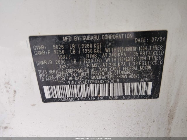 2025 Subaru Outback Touring Xt მანქანა იყიდება აუქციონზე, vin: 4S4BTGPD3S3123015, აუქციონის ნომერი: 44592857